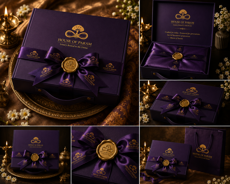 The Tirupati Sanctuary luxury gift set by House of Param — premium purple box with gold wax seal and satin ribbon