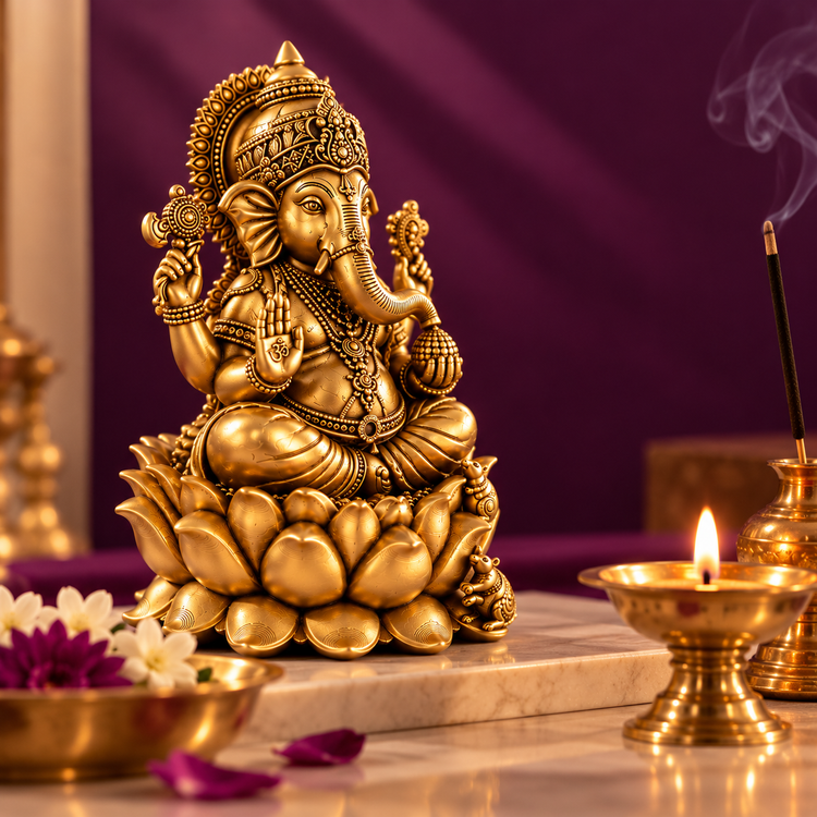 Pure Brass Ganesha Sitting on Lotus flower Idol height 2.5 inches