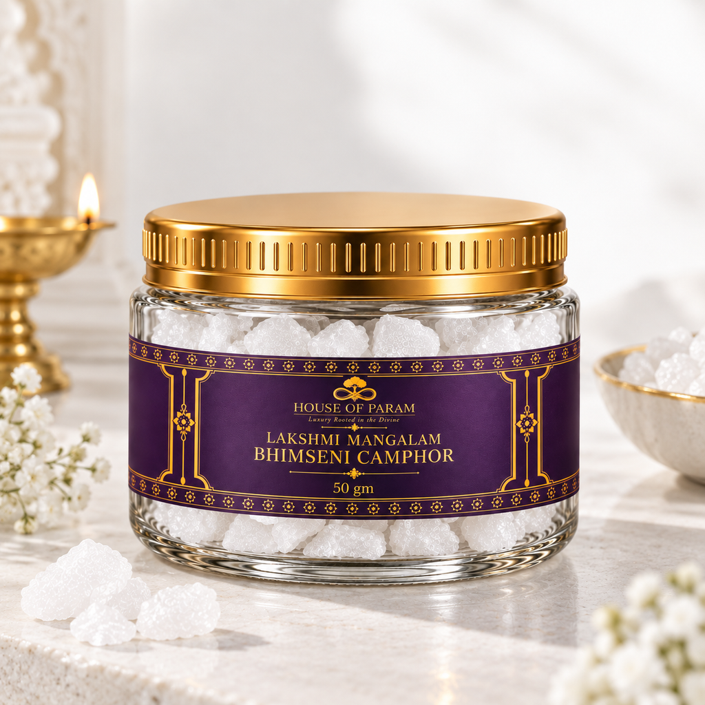 Lakshmi Mangalam Bhimseni Camphor 50gm — lifestyle shot with diya