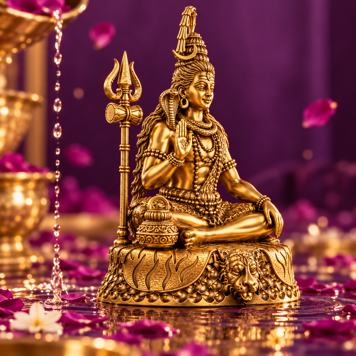 Three-quarter view of the brass Lord Shiva idol