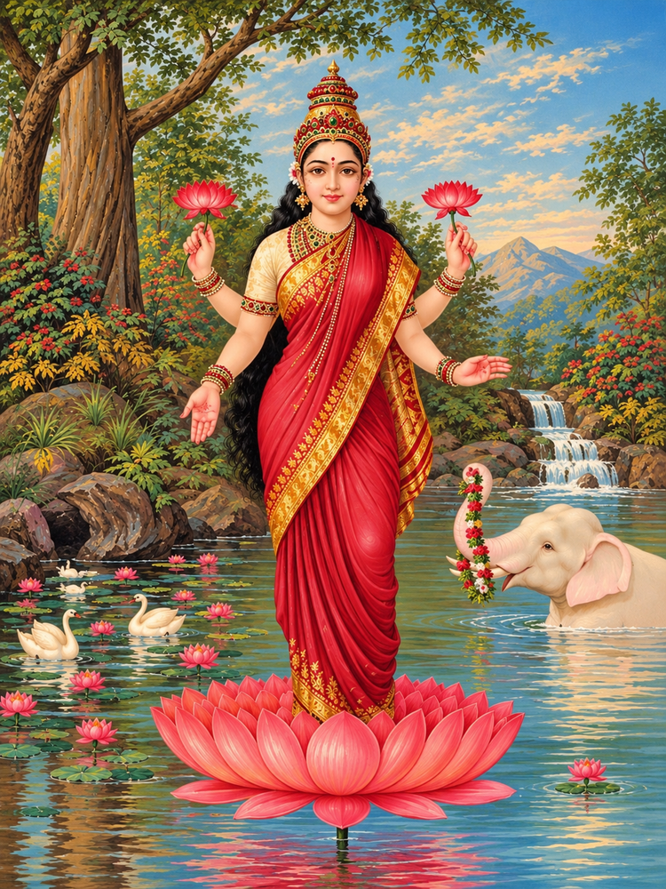 Maa Lakshmi standing on lotus — Raja Ravi Varma inspired artwork by House of Param