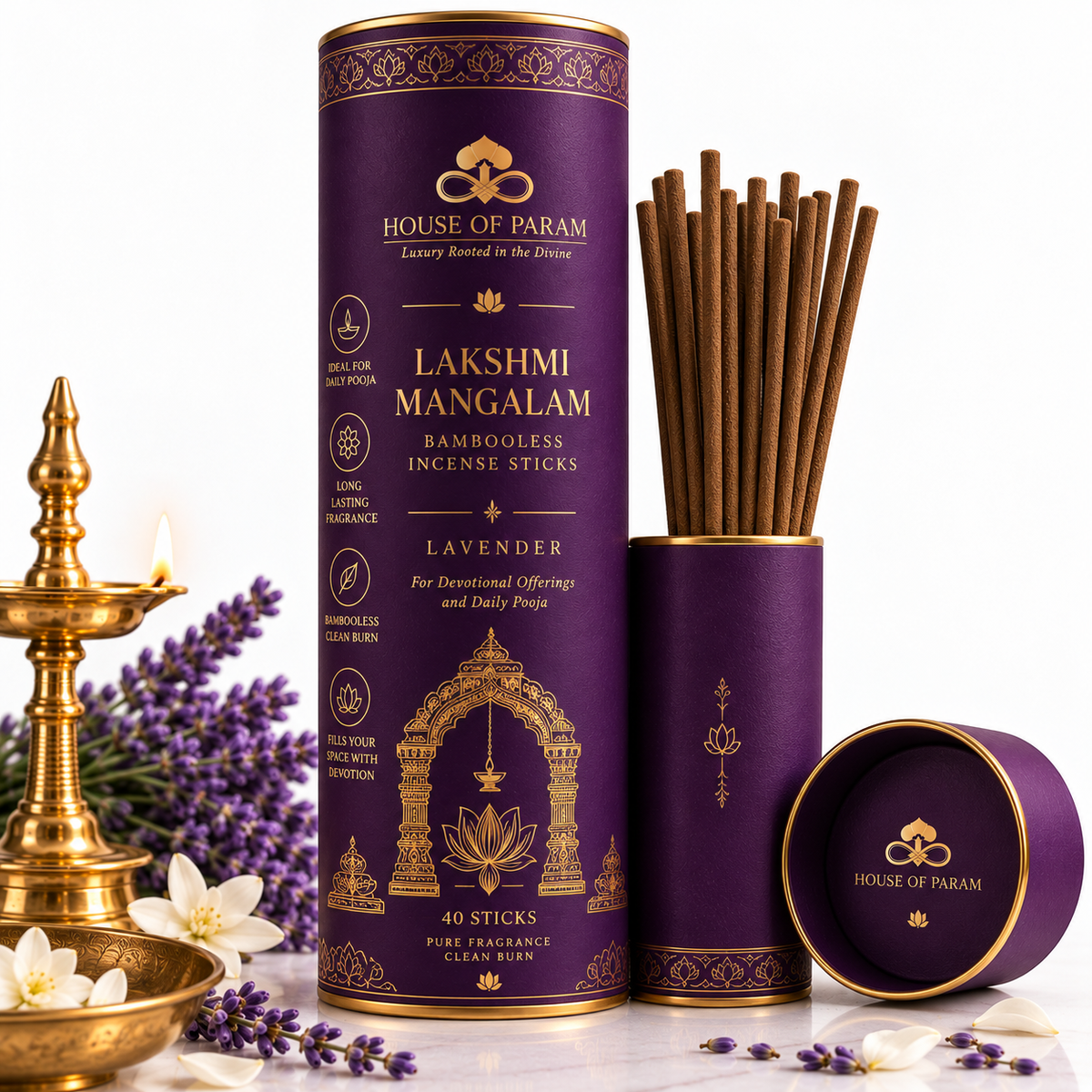 Lakshmi Mangalam Bambooless Lavender Incense Sticks by House of Param — 40 sticks, clean burn