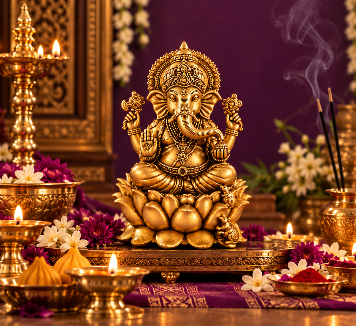 Pure Brass Ganesha Sitting on Lotus flower Idol height 2.5 inches