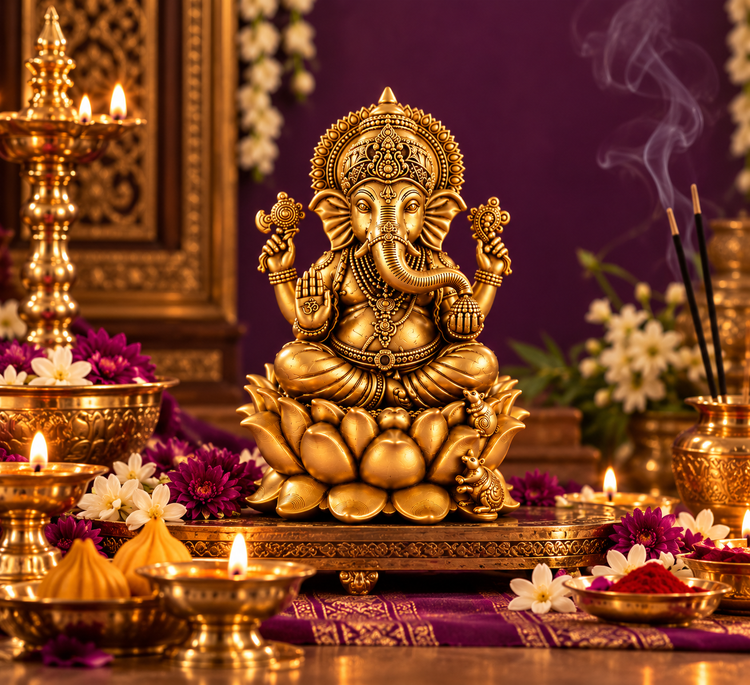 Pure Brass Ganesha Sitting on Lotus flower Idol height 2.5 inches