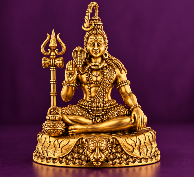 Brass Lord Shiva meditation idol with Trishul and Kamandalu, front view